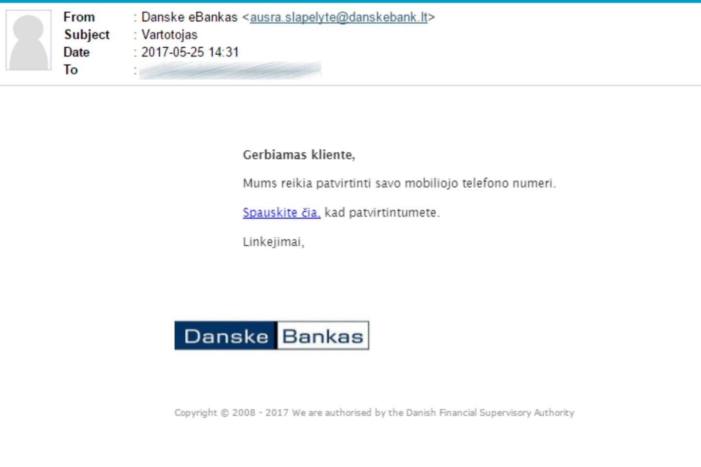  „Danske Bank“ atstovais apsimetančių sukčių el. laiškus gauna ne tik šio, bet ir kitų bankų klientai. 