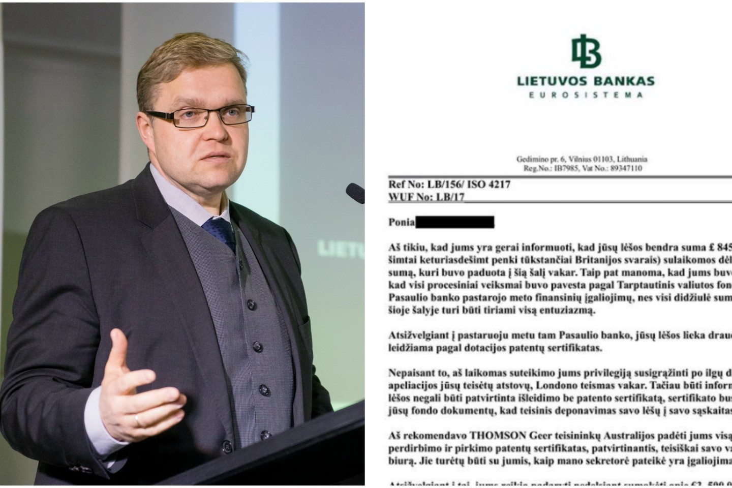Lietuvos Bankas įspėja, kad tokie laiškai, kuriuose anaiptol pasirašo ne V.Vasiliauskas, yra sukčių darbas.