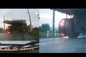 Nepaaiškinamas gigantiško savivarčio padangos sprogimas vairuotojui sukėlė siaubą