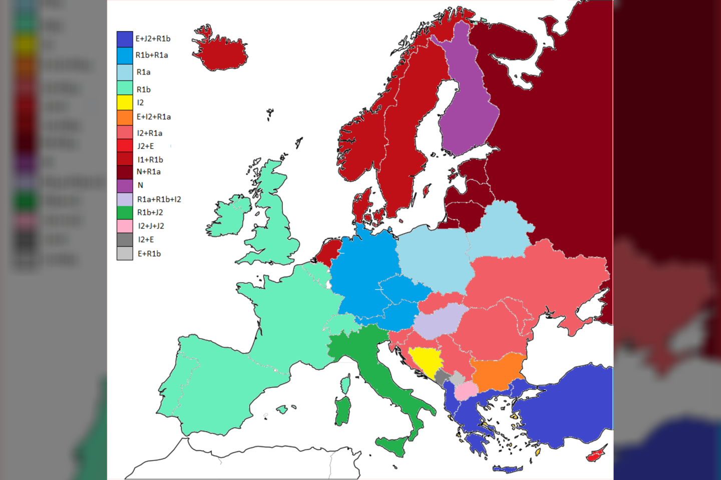 Europos žemėlapis, sudarytas pagal du dominuojančius haplotipus.<br>Iliustr. iš Imgur.com/a/WQKLQ
