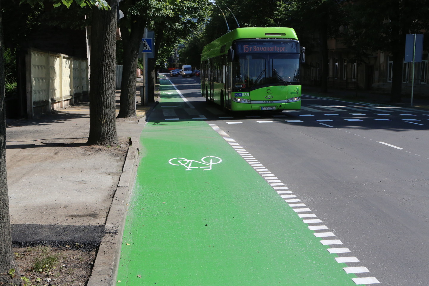 Kaune įrengti nauji dviračių takai. Jie nudažyti žalia spalva.<br> M.Patašiaus nuotr.