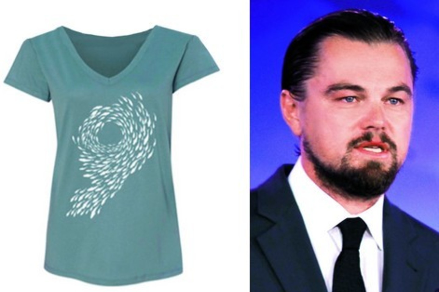 Marškinėliai – 29,99 JAV dolerio, džemperis – 44,99 dolerio. Tiek už šiuos drabužius prašoma Leonardo DiCaprio fondo tinklalapyje. <br>AFP / „Scanpix“ nuotr. 