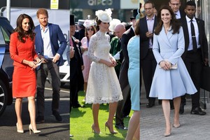 Kembridžo kunigaikštienė Catherine Middleton spindi prabangiomis suknelėmis