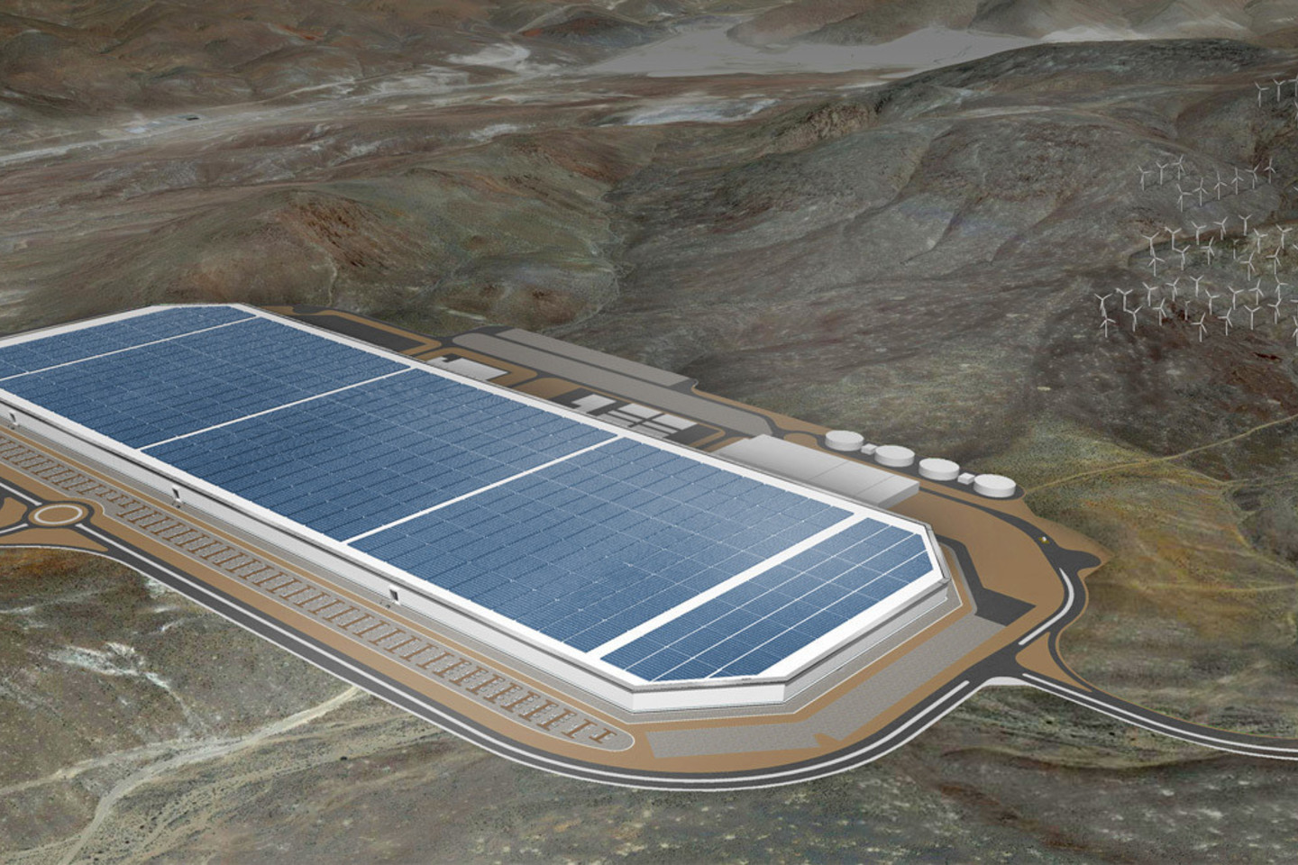 „Tesla Motors Gigafactory“ – baterijų gamybos fabrikas Nevadoje: vizualizacija.<br>„Tesla Gigafactory“ svetainės nuotr.