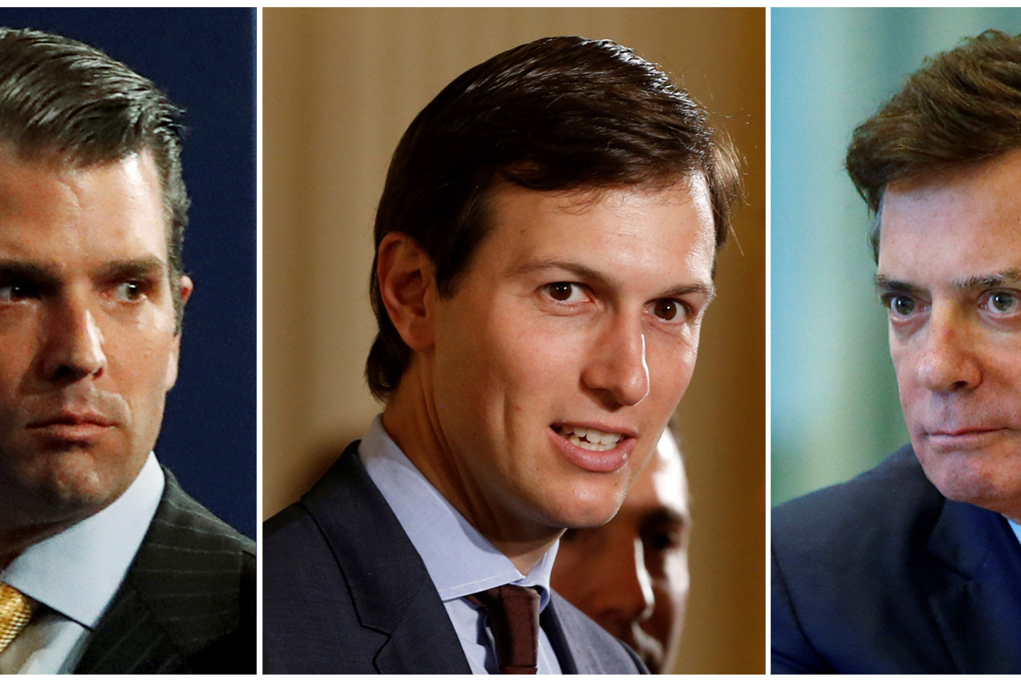  D.Trumpas jaunesnysis (kairėje) kartu su JAV prezidento žentu J.Kushneriu (centre) ir P.Manafortu pirmadienį stos prie JAV Senato komitetą.<br> „Reuters“/„Scanpix“ nuotr.