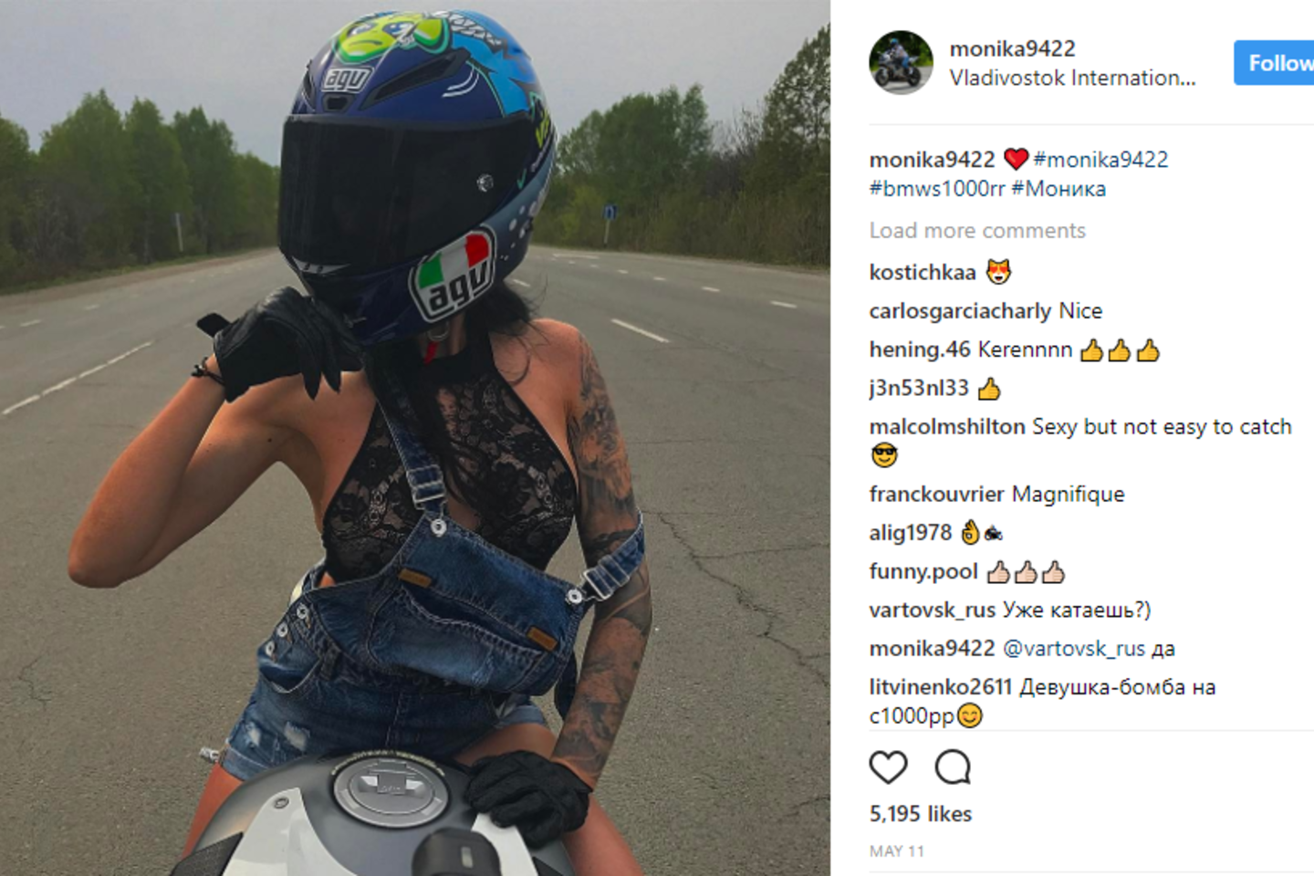 „Instagram“ žvaigždė Olga Pronina žuvo vairuodama sportinį BMW motociklą.<br>Ekrano nuotr.