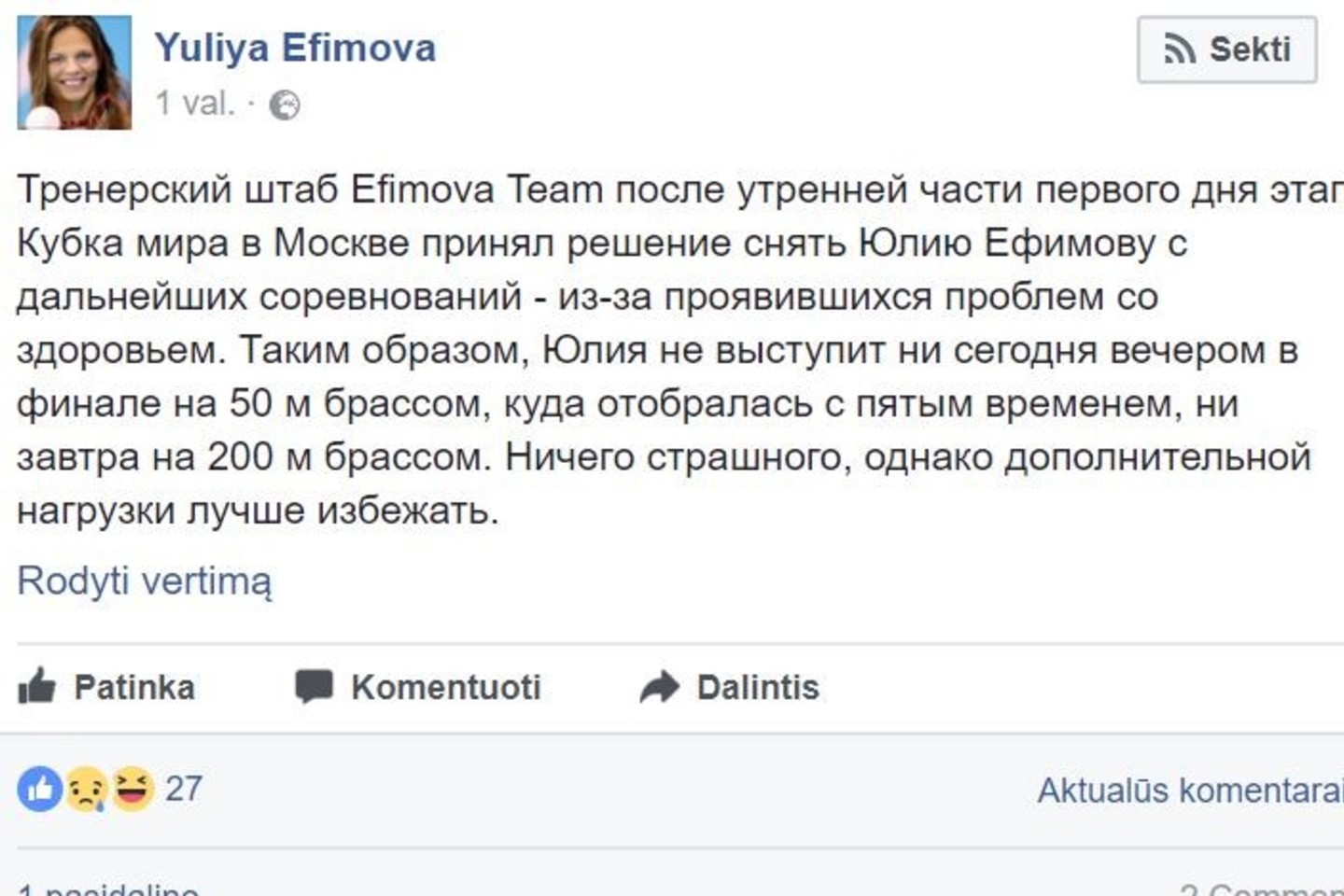 Pranešimas apie J.Jefimovos ligą