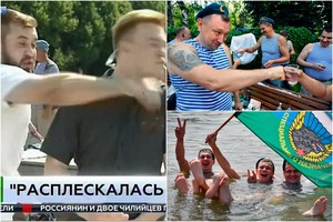 Rusijos desantininkų šventė: vyras pareiškė, kad užims Ukrainą, ir smogė žurnalistui