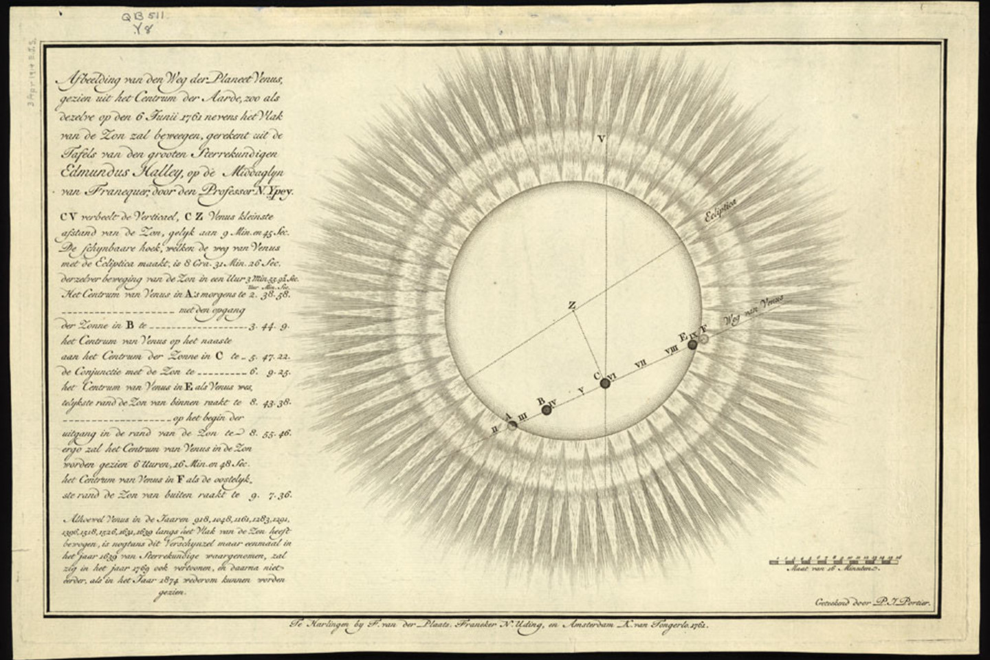 Viena iš Veneros tranzito, vykusio 1761 metais, schemų.<br> Nicholas Ypey/Library of Congress iliustr.