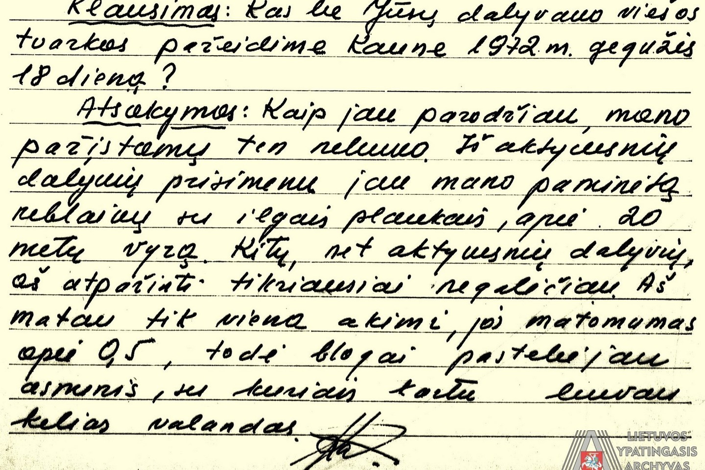 Tardymo dokumento fragmentas.<br> Lietuvos ypatingojo archyvo nuotr.