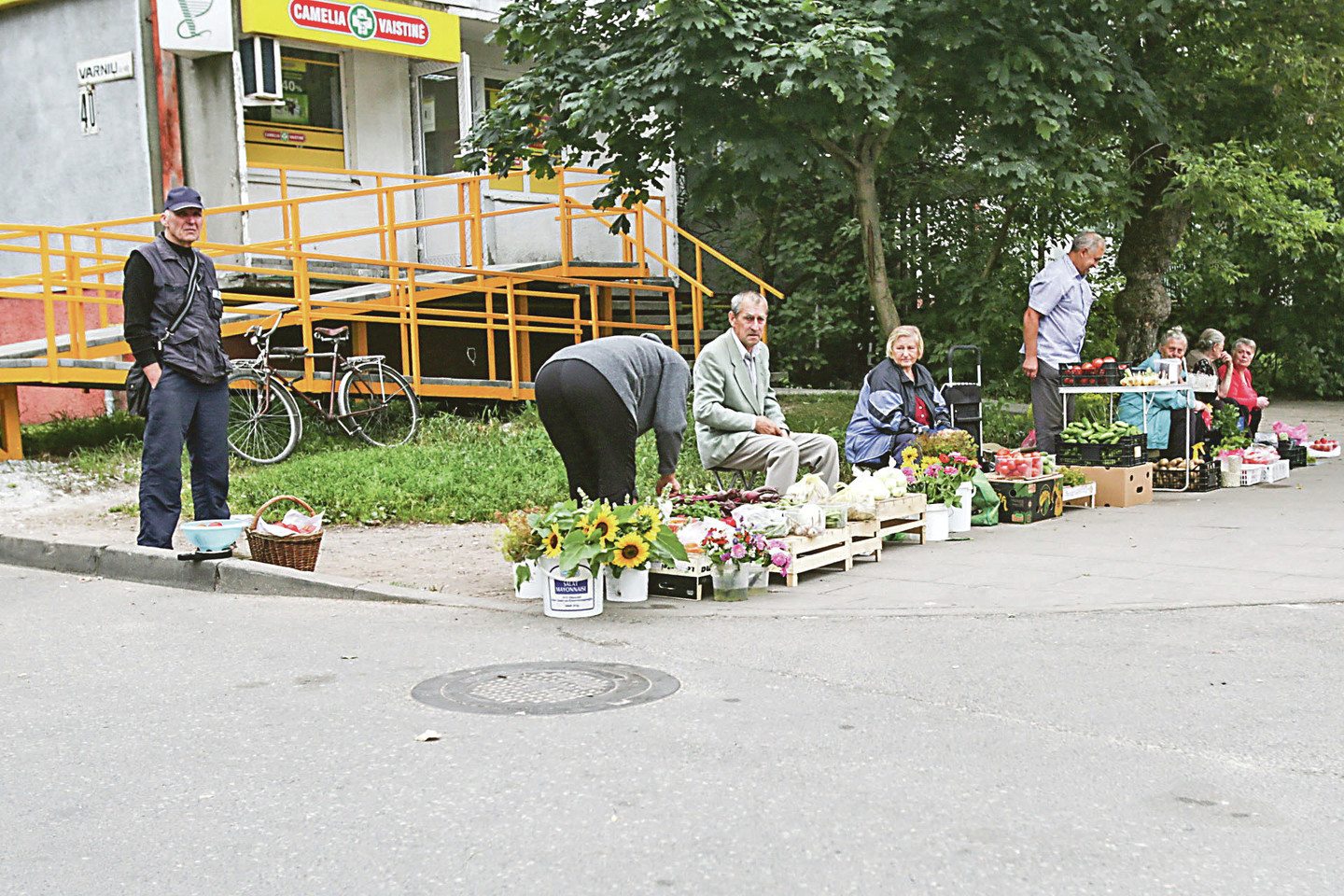 Varnių gatvėje veikia vietinių gyventojų daržovių ir gėlių turgelis.<br>G.Bitvinsko nuotr.
