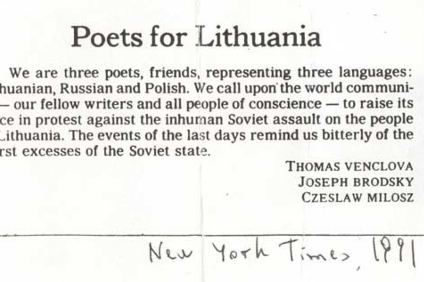 1991 metų sausio 15 dieną  New York Times paskelbtas trijų poetų protestas ( iš Ramūno ir Elės Katilių archyvo).<br>Venclovų namų-muziejaus archyvo nuotr.