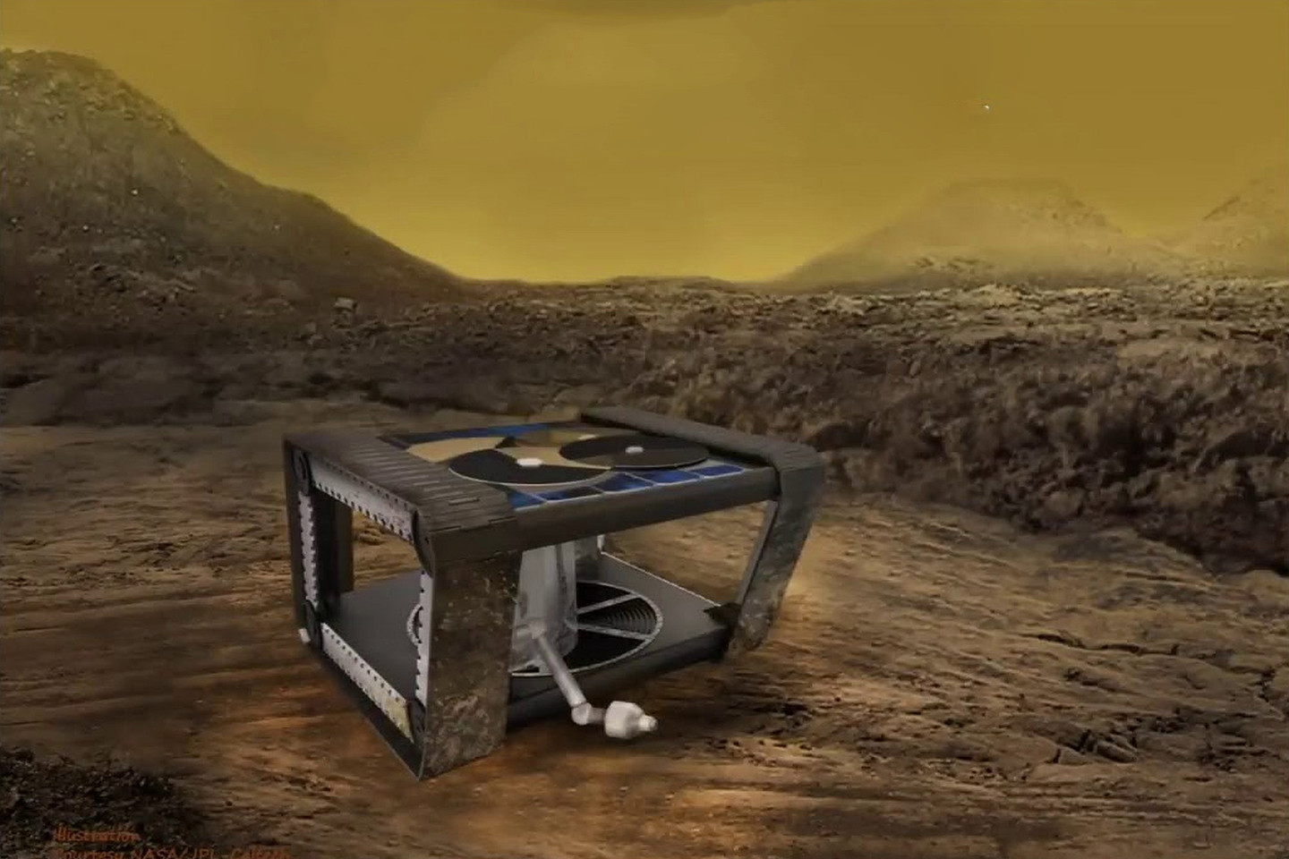  Koncepcinis analoginio veneraeigio modelis - tikimasi, kad tokia mašina Veneros paviršiuje galėtų funcionuoti iki metų.<br> NASA iliustr.