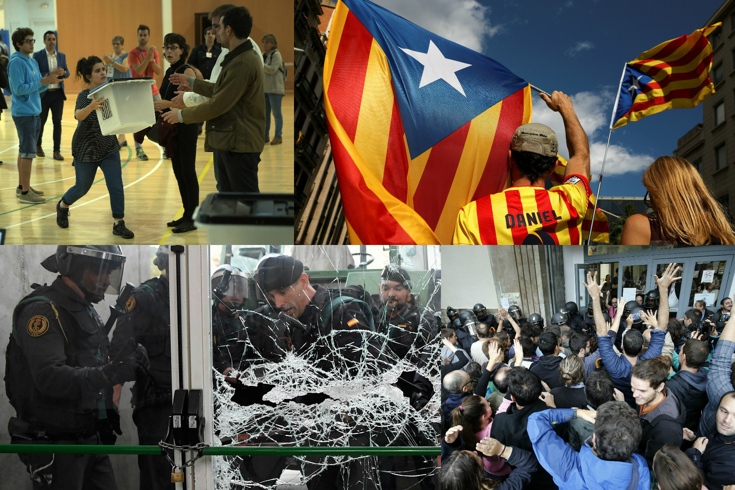  Katalonijoje riaušių policija atiminėja balsadėžes, o į kai kurias apylinkes laužėsi ir daužydama stiklą. <br> AFP/Scanpix nuotr. 