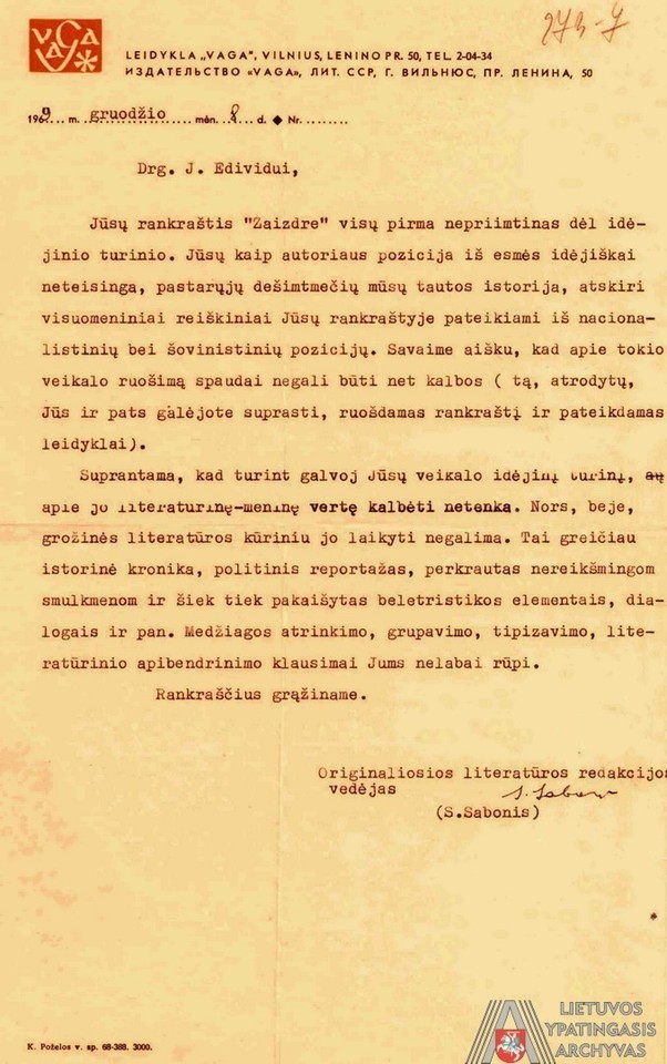 „Vagos“ originaliosios literatūros redakcijos vedėjo S.Sabonio atsakymas J.Laucei dėl romane „Žaizdre“ rankraščio. 1969 m. gruodžio 8 d.<br>Lietuvos ypatingojo archyvo nuotr.