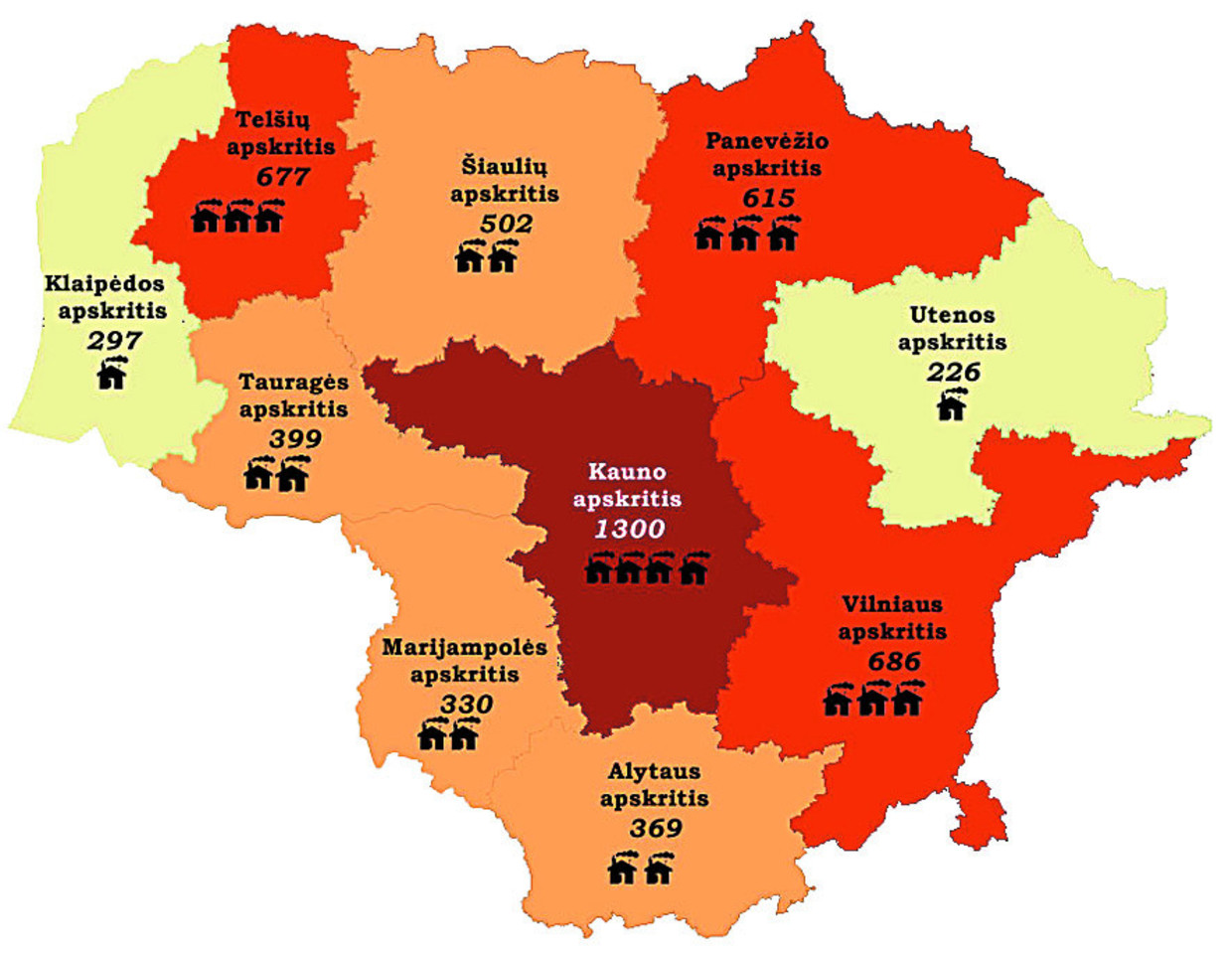 2012-2016 m. gaisrų gyvenamuosiuose namuose dėl krosnių, židinių bei dūmtraukių pažeidimų ar gedimų bei suodžių užsidegimo dūmtraukiuose pasiskirstymas pagal apskritis.