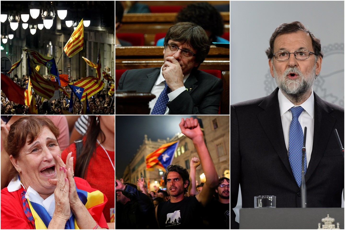 M. Rajoy (nuotr. dešinėje) pareiškė oficialiai pašalinantis iš pareigų Katalonijos separatistų lyderį Carlesą Puigdemont'ą (antra nuotr. viršuje) ir jo vyriausybę, taip pat inicijuojantis kitas priemones „normaliai padėčiai atkurti“.