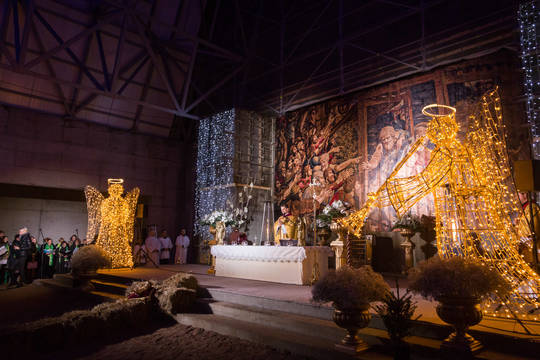 Jaukumo suteikė dekoracijos iš spalvotų lempučių, iš šiaudų surištas kryžius. <br> M.Ambrazo nuotr.