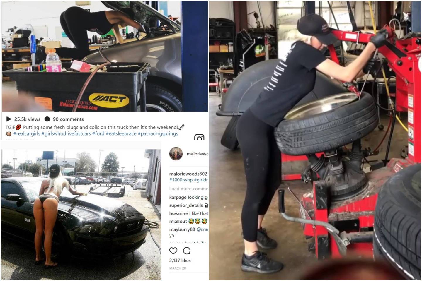 Malorie Woods dirba automobilių servise ir kasdien vairuoja 1000 AG galios „Ford Mustang“.<br>Instagram/maloriewoods302 ir ekrano nuotr.