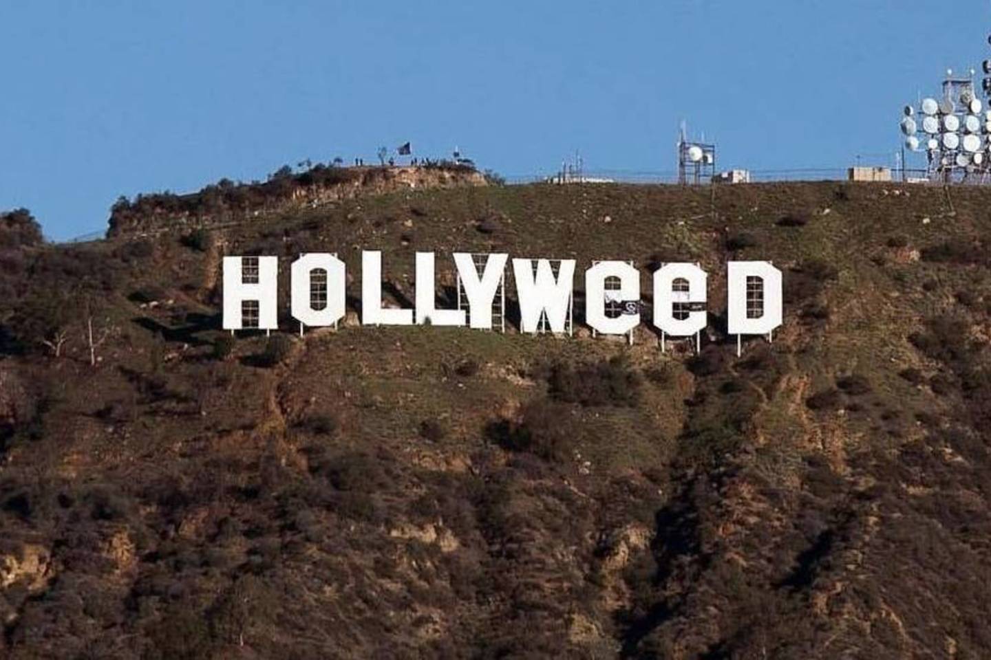 Pernai buvo surengta akcija: Holivudo ženkle dvi raidės buvo pakeistos ir vietoje „Hollywood“ puikavosi užrašas „Hollyweed“ (angl. weed – marihuana).<br>„Twitter“ nuotr.