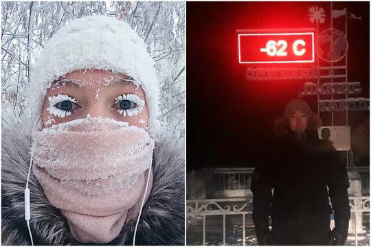 Rusijoje spaudžia -62 laipsniai šalčio: apšąla blakstienos, bet turistai maudosi upėje