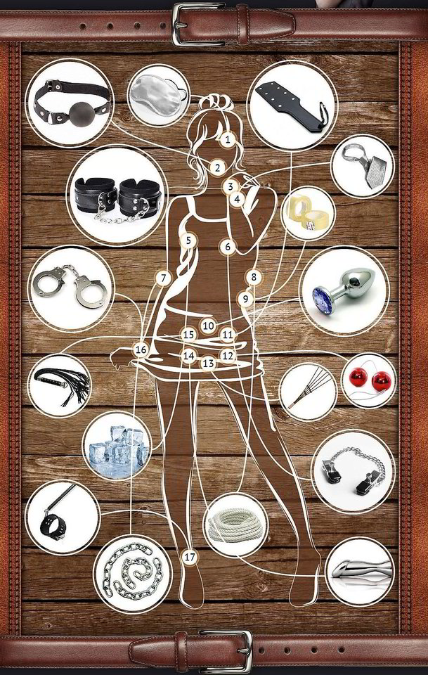 „50 išlaisvintų atspalvių“. Instrumentų rinkinys: 1.Akių raištis. 2.Burnos kamštis. 3.Odiniai antrankiai. 4.Kaklaraištis. 5.Ledas. 6.Spenelių spaustukai. 7.Metalinės grandinės. 8.Virvė. 9. Lipnioji juosta. 10.Analinis kaištis. 11.Plakimo mentelė. 12.Vaginaliniai rutuliukai. 13.Vytinė. 14.Falo imitatorius. 15.Botagėlis. 16.Metaliniai antrankiai. 17.Pančiai.