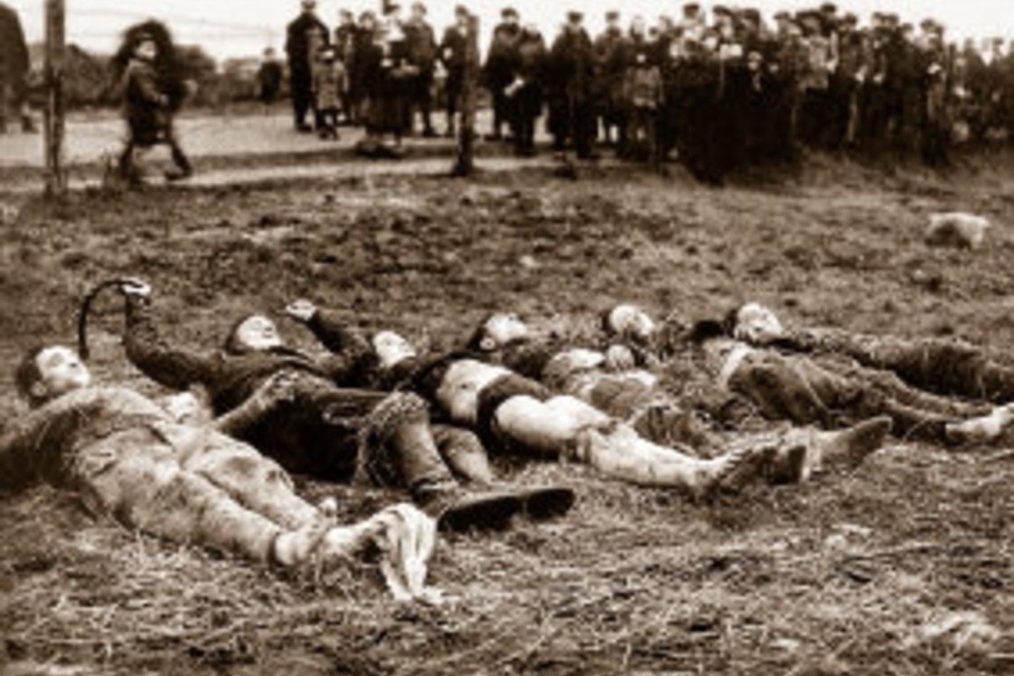 Rietave sovietų išniekinti žuvusių Žemaičių apygardos Šatrijos rinktinės partizanų kūnai. Tai bene vienintelė žinoma nuotrauka, kurioje išniekinti partizanų kūnai nufotografuoti šalia pasibaisėjusių civilių (apie 1948–1949 m.)<br>Leidėjų nuotr.