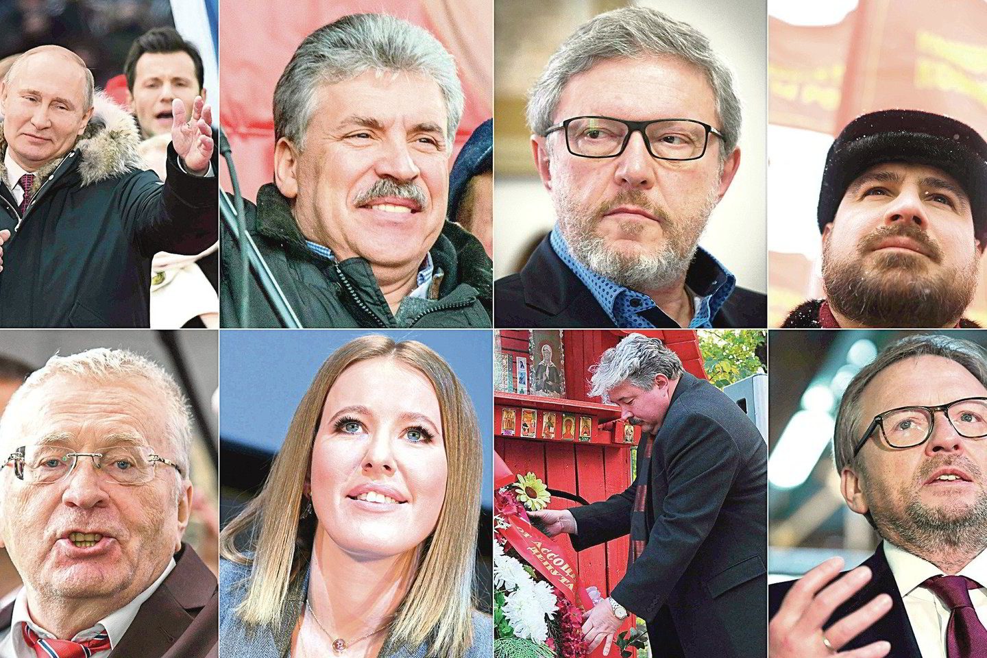 Iš kairės į dešinę: V.Putinas, P.Grudininas, G.Javlinskis, M.Suraikinas, V.Žirinovskis, K.Sobčiak, S.Baburinas, B.Titovas.<br>„Reuters“/„Scanpix“ nuotr.