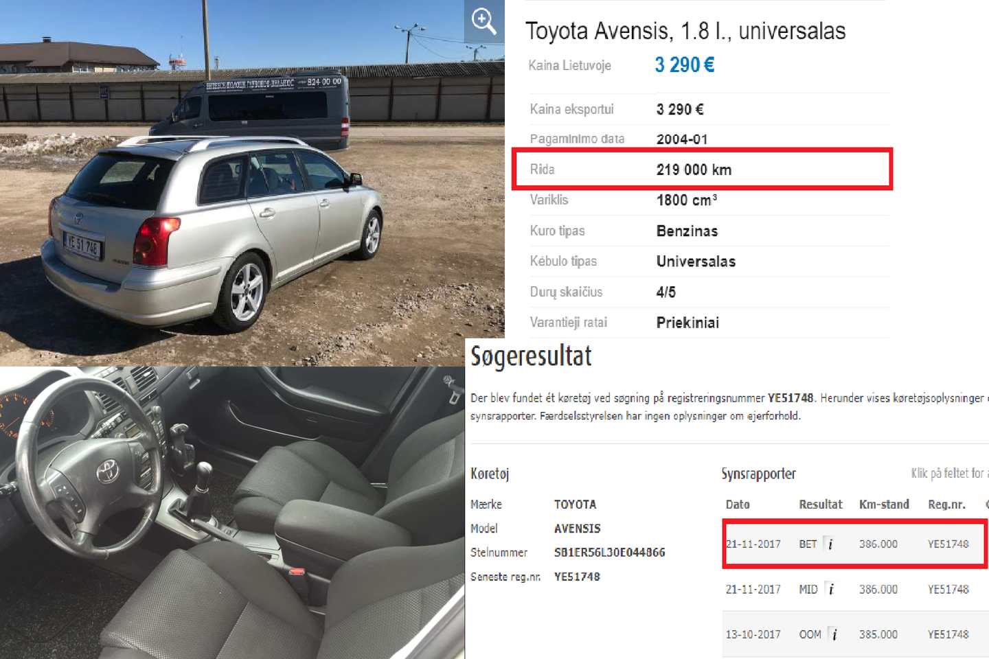 Lietuvoje šio „Toyota Avensis“ universalo rida sumažėjo 170 tūkst. kilometrų.<br>Ekrano nuotr.