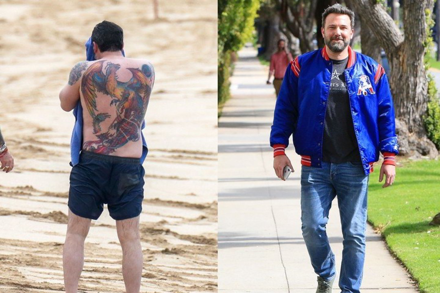 Tik neseniai paaiškėjo, kad B.Afflecko nugarą puošiantis Feniksas – ne laikinas piešinys, o tatuiruotė.<br>„Scanpix“ nuotr.