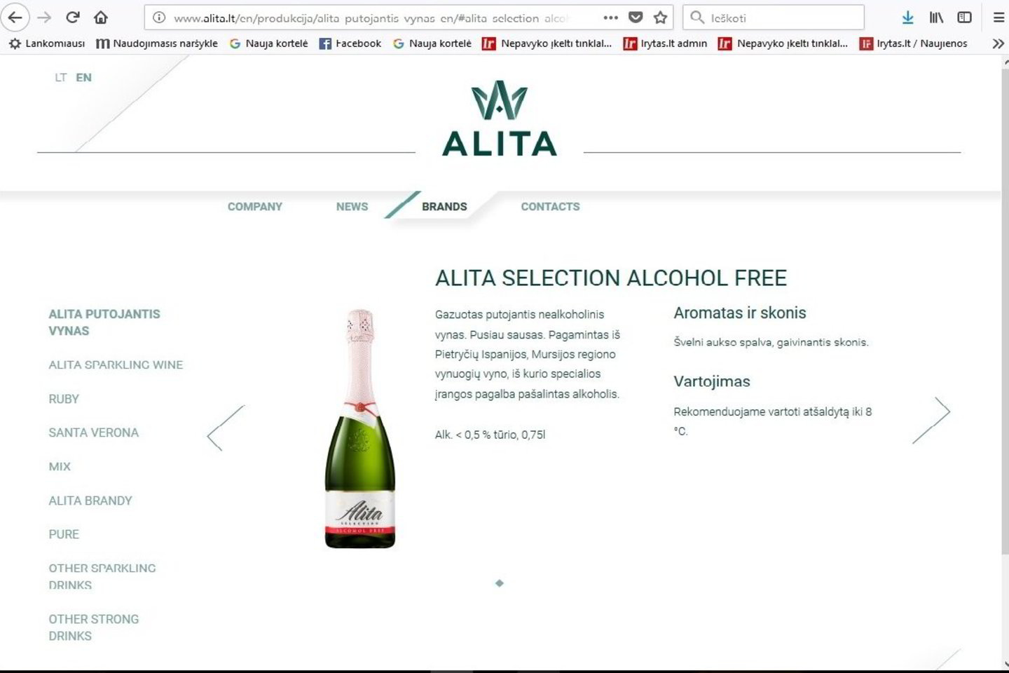 Štai spustelėjus ant vieno iš reklamos langų, naršyklė mus nukelia į „Alitos“ puslapį, kur galima susipažinti su įmonės produkcija. Tiesa, pasiskaityti, kaip iš pirmo žvilgsnio pasirodo,  reikia anglų kalba, tačiau vėliau prieš akis iššoka ir lietuviškas užrašas su lietuvišku alkoholinio gėrimo aprašymu.<br> „Lrytas.lt“ nuotr.