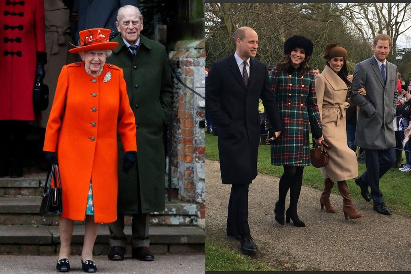  Karalienė Elizabeth II su princu Philipas (kairėje) ir princas Williamas, kunigaikštienė Catherine Middleton bei princas Harry su sužadėtine Meghan Markle.<br> Scanpix nuotr.