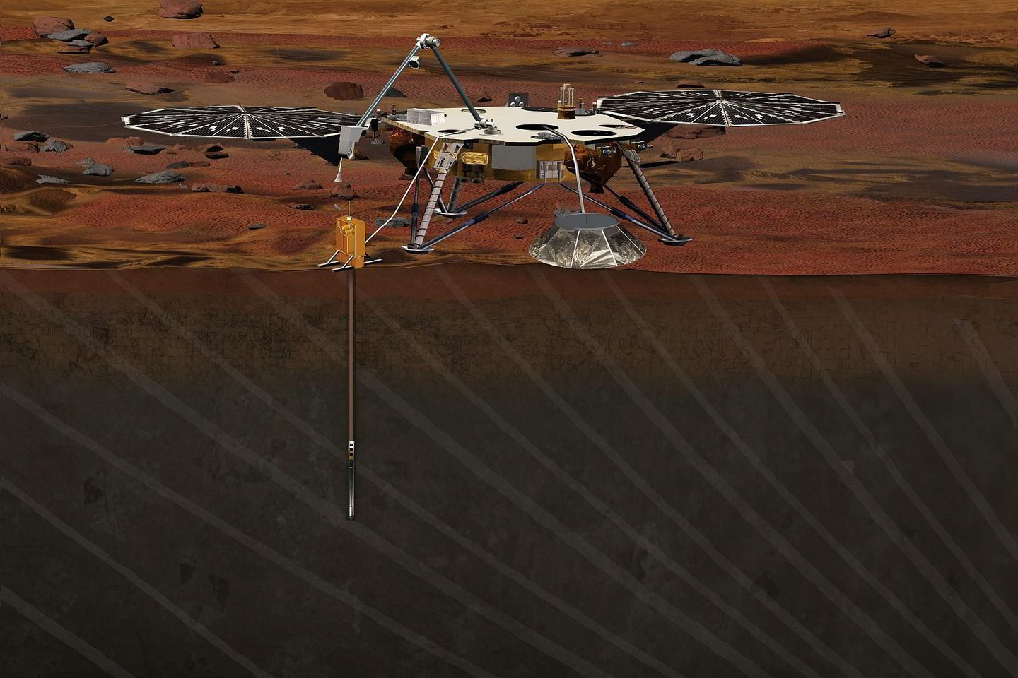  Zondas „Mars InSight“, planuojamas paleisti gegužės 5-ąją, taip pat turėtų matuoti planetos „pulsą“ – jis vykdys pirmuosius Marso seisminio aktyvimo matavimus. Be to, kad patikrintų „refleksus“, mokslininkai stebės planetos sukimosi ašies nuokrypius (precesiją) – tai gali padėti geriau suprasti, kokio dydžio yra Marso branduolys – ir iš ko jis sudarytas.<br> NASA iliustr.