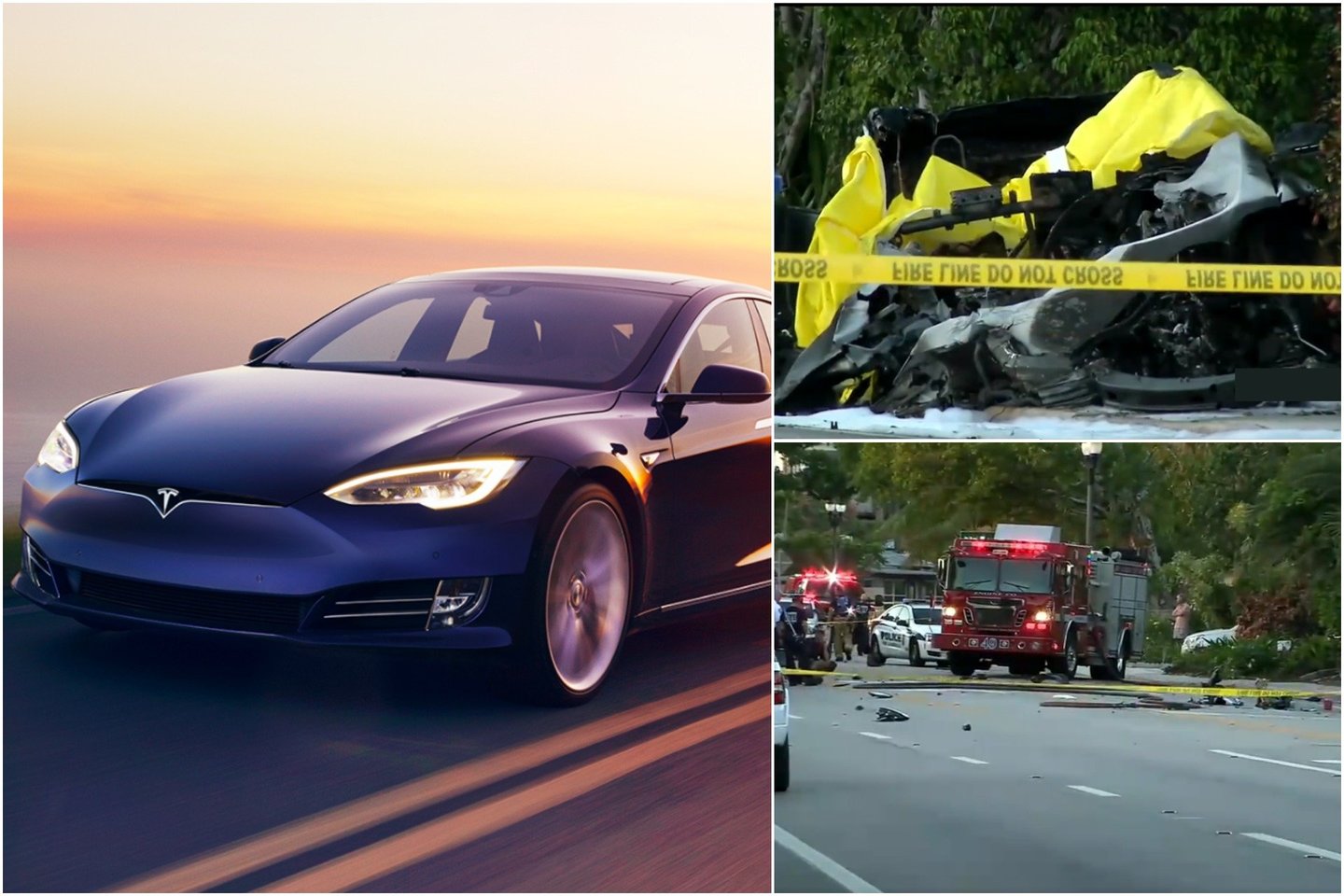 Po avarijos užsiliepsnojus „Tesla Model S“ baterijai sudegė du elektromobiliu važiavę paaugliai.<br>Gamintojo ir ekrano nuotr.
