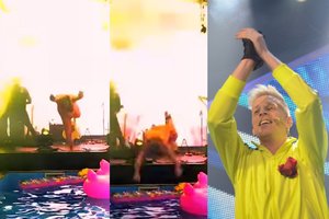 Koncerto metu Saulius Prūsaitis su drabužiais tėškėsi į baseiną