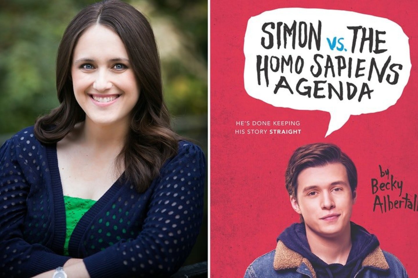  Rašytoja Becky Albertalli ir jos romanas „Simon vs. The Homo Sapiens Agenda“. <br> Platintojų nuotr.