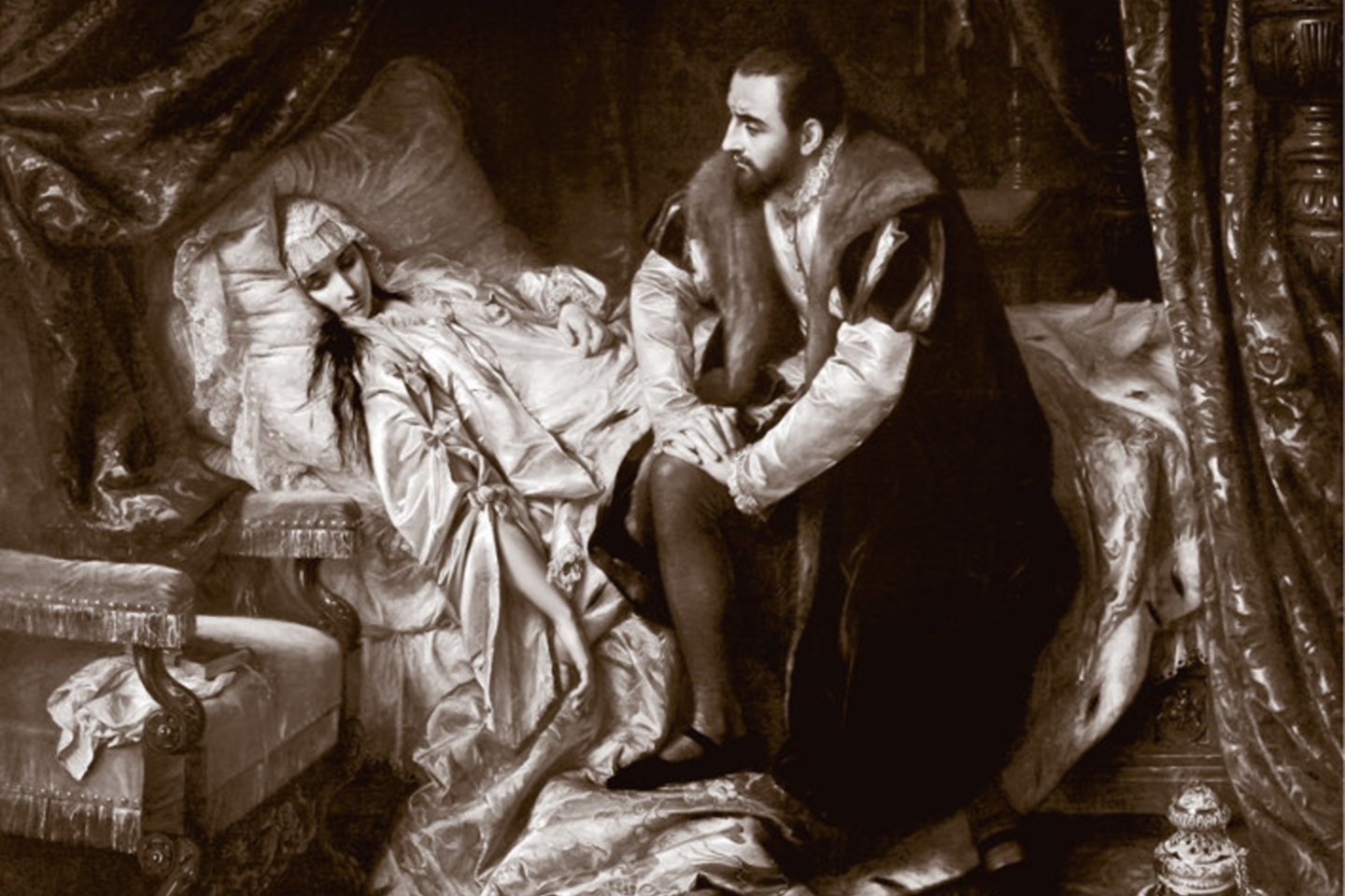 Žygimantas Augustas prie Barboros lovos budėjo iki pat pabaigos.  Dail. Józef Simmler, XIX a. <br>Leidėjų nuotr.