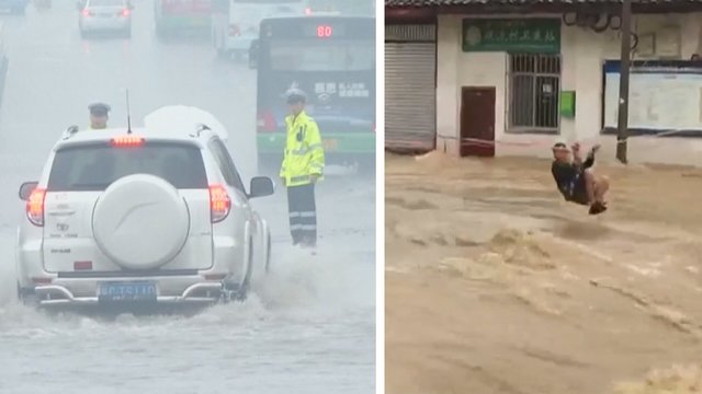 Kiniją siaubia stiprūs lietūs – gatvės virto upėmis, žmonės evakuojami virvėmis