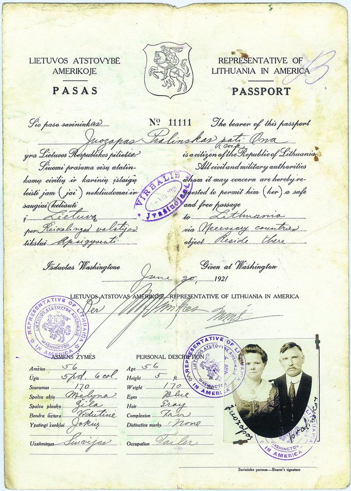 Lietuvos atstovybėje Vašingtone 1921 metais ir kiek vėliau į gimtinę grįžtantiems žmonai ir vyrui išduodavo bendrą pasą, kad būtų pigiau.