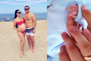 Imtynininkas Aleksandras Kazakevičius su žmona Greta sūpuoja pirmagimį