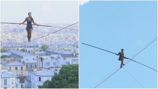 Neeilinis akrobatės pasirodymas – virš Monmartro balansavo 35 metrų aukštyje