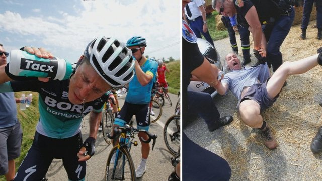 Chaosas „Tour de France“ lenktynėse: dviratininkus apipurškė ašarinėmis dujomis