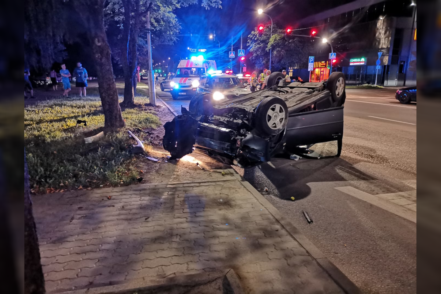 Automobilis trenkėsi į bortelį, medį ir apvirto.
