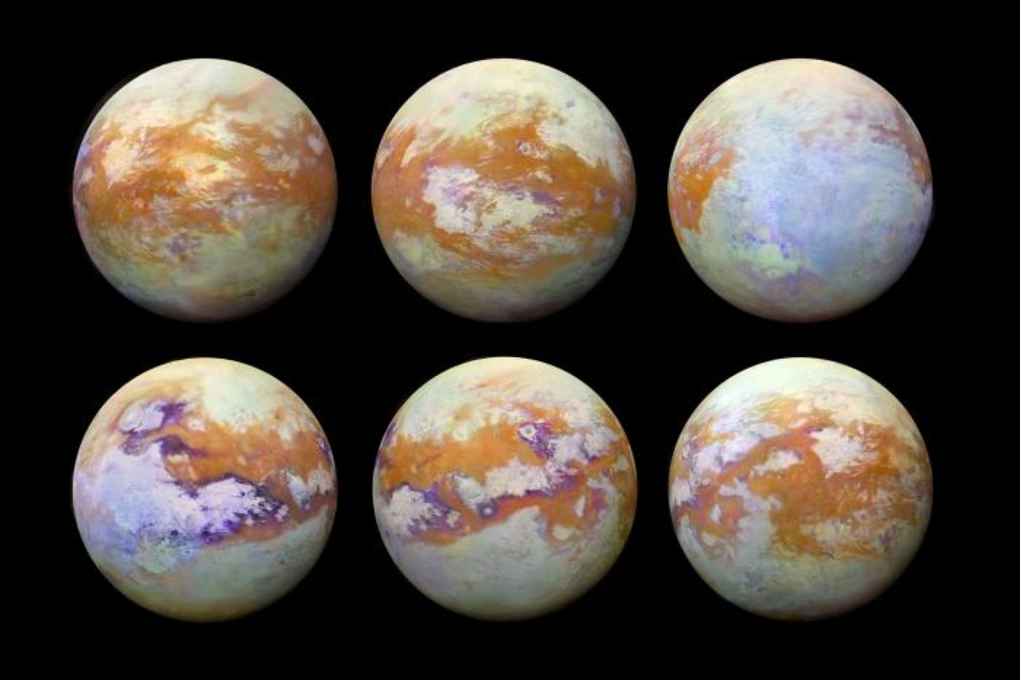  Infraraudoniesiems spinduliams atmosfera yra permatoma, ir pažiūrėjus šiame ruože, atsiveria Titano paviršiaus įvairovė.<br> ©NASA/JPL-Caltech/Stéphane Le Mouélic, University of Nantes, Virginia Pasek, University of Arizona nuotr.