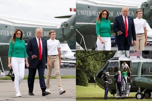 Prakalbę apie skyrybas Trumpai parodė retai viešumoje matomą sūnų