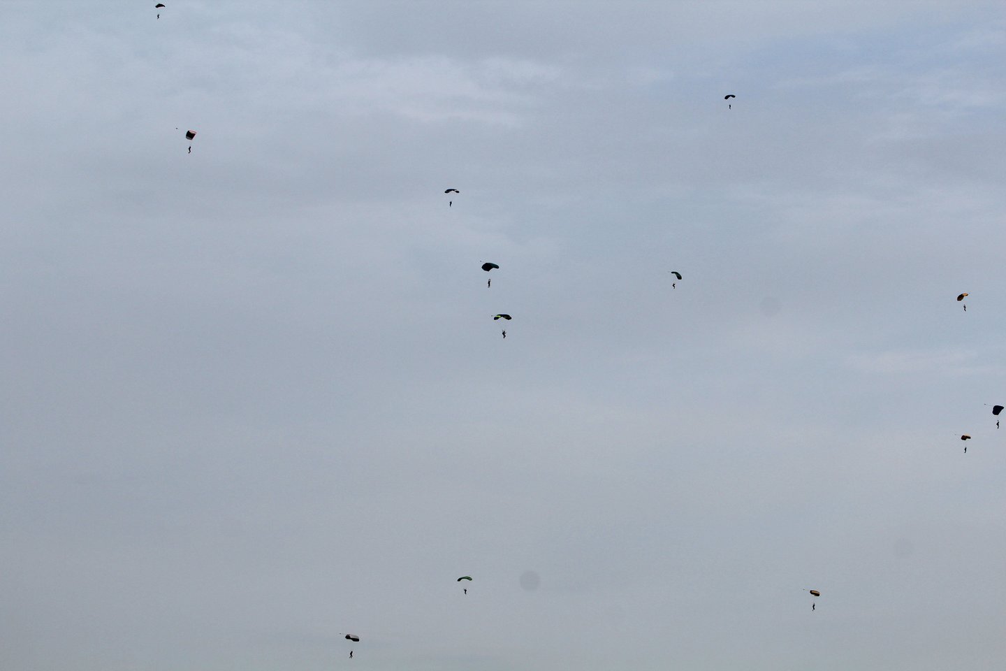 Iš dviejų Lietuvos Karinių oro pajėgų transporto lėktuvų „Spartan“ iššokę 102 parašiutininkai pasiekė Lietuvos rekordą.<br> R.Vitkaus nuotr.