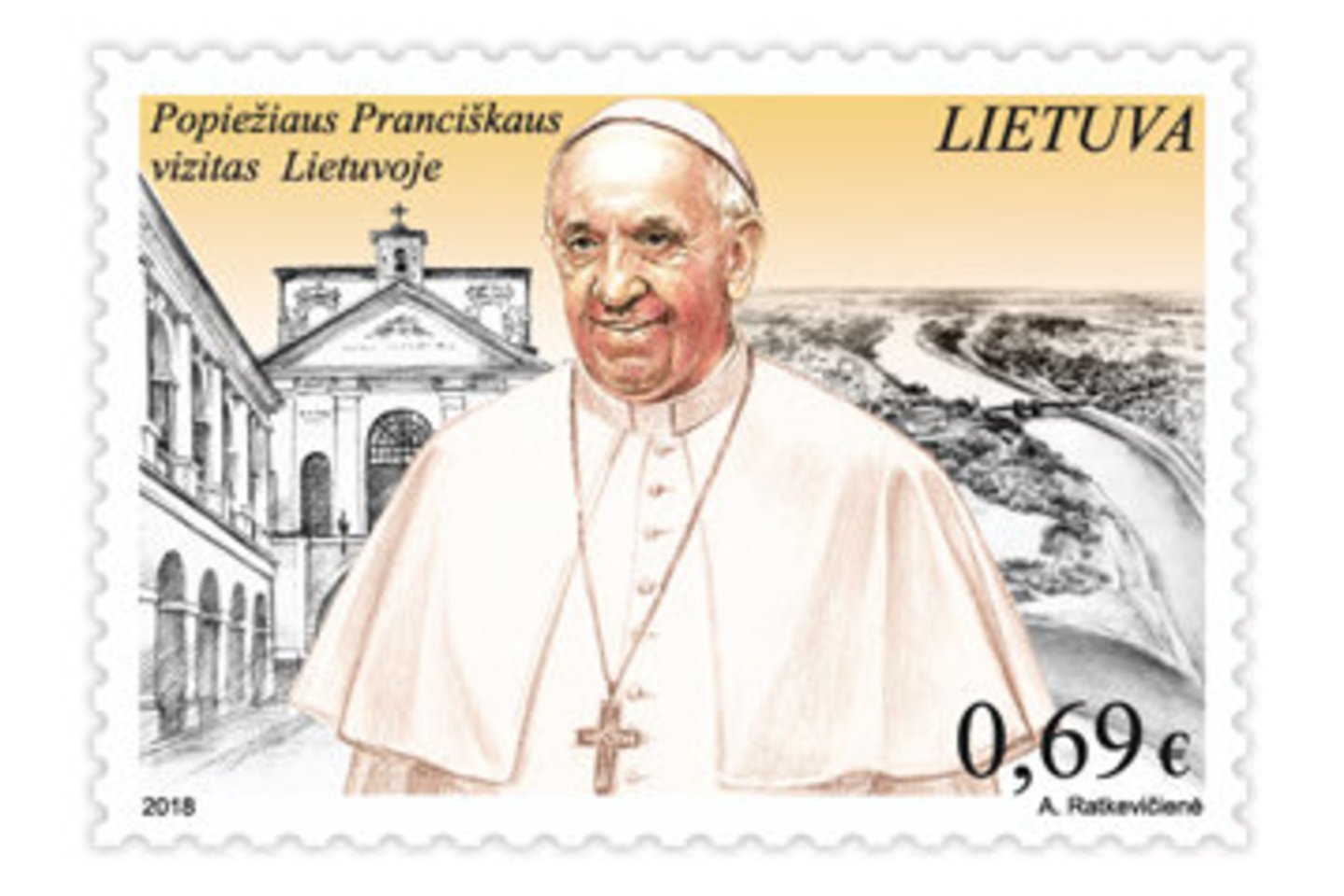  Gavus Vatikano sutikimą, po ilgos pertraukos išleidžiamas riboto tiražo pašto ženklas, skirtas Šventojo Tėvo vizitui Lietuvoje.<br> Lietuvos pašto nuotr.
