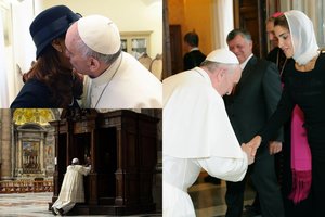 Popiežius Pranciškus mėgsta nusižengti protokolo taisyklėms: nusilenkė karalienei