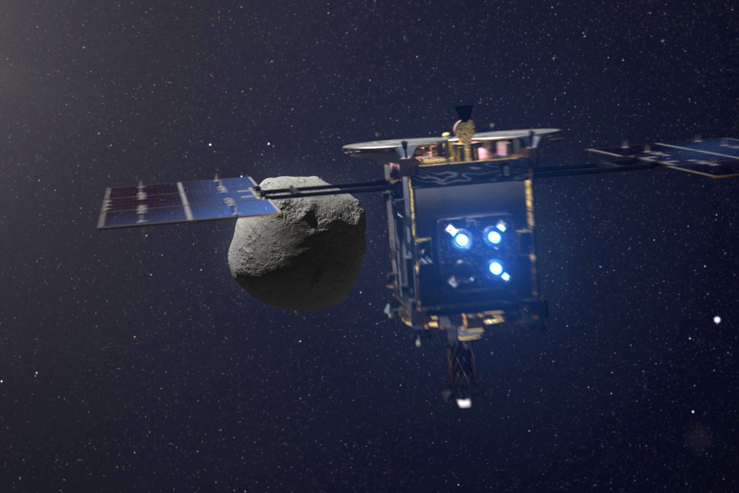  „Hayabusa 2“ dar šiemet turėtų į Ryugu iššauti sprogmenį, kuris išmuš asteroido paviršiuje keleto metrų skersmens kraterį ir taip pat padės geriau suprasti jo sandarą.<br> Vokietijos aeronautikos centro nuotr.