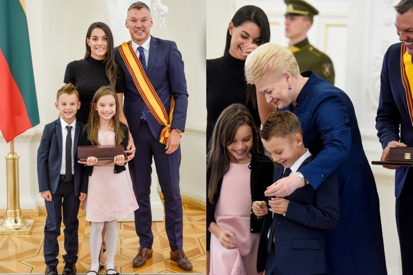   Prezidentė Dalia Grybauskaitė Šarūnui Jasikevičiui įteikė garbingiausią apdovanojimą. Juo džiaugėsi ir šeima: žmona Anna Douka, dukra Aila ir sūnus Lukas.<br> D.Umbraso nuotr.